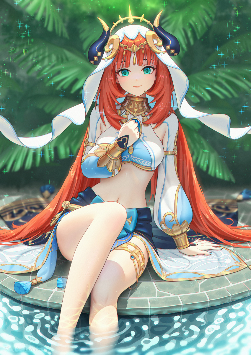 absurdres aqua_eyes arm_support bare_legs blue_skirt bracer breasts brooch circlet closed_mouth crop_top darkmuleth fake_horns feet_out_of_frame female genshin_impact gold_trim highres horns jewelry legs long_hair long_sleeves looking_at_viewer medium_breasts navel neck_ring nilou_(genshin_impact) parted_bangs puffy_long_sleeves puffy_sleeves red_hair sidelocks sitting skirt smile soaking_feet solo stomach thighlet thighs twintails veil very_long_hair water