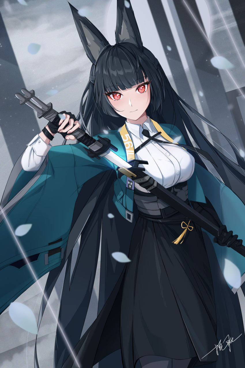 absurdres animal_ears bad_id bad_pixiv_id black_gloves black_hair black_necktie breasts closed_mouth collared_shirt female fingerless_gloves fox_ears fox_girl gloves green_jacket grey_sky highres holding holding_sheath holding_sword holding_weapon hoshimi_miyabi jacket katana long_hair long_sleeves looking_at_viewer necktie ooo_wange red_eyes sheath shirt signature sky smile snowing solo sword unsheathing weapon white_shirt zenless_zone_zero