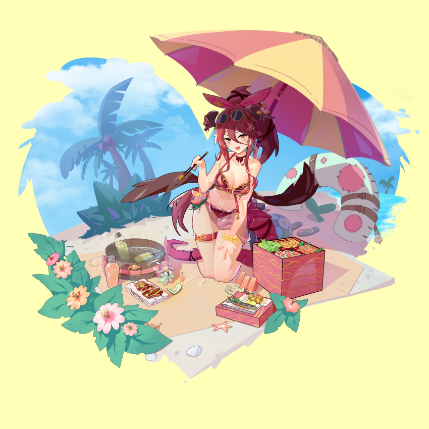 2girls absurdres bare_shoulders beach bikini blue_sky bow bracelet breasts closed_eyes cloud crab dragalia_lost dragon_girl dragon_tail eyewear_on_head fairy fairy_wings fat fish fish_(food) flower food food_request fruit hair_between_eyes hair_flower hair_ornament hairbow heart heart_in_mouth highres jewelry kneeling kuonn large_breasts long_hair looking_at_viewer multiple_girls mym_(dragalia_lost) navel notte_(dragalia_lost) oerba_yun_fang official_style open_mouth pink_hair ponytail red_eyes red_hair sand saury skin_fang sky starfish sunglasses swimsuit tail tree umbrella watermelon watermelon_slice wings