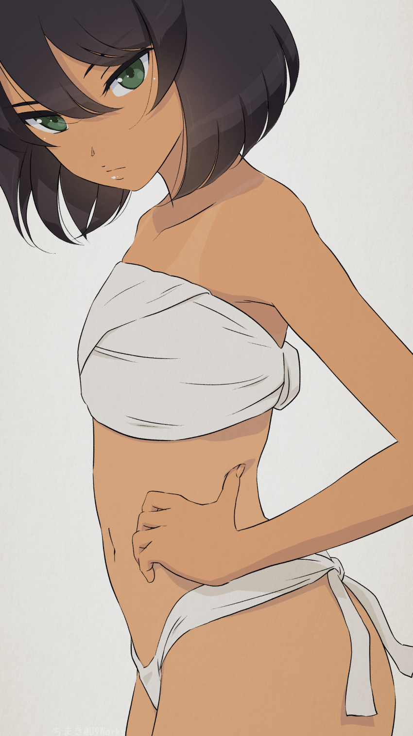 absurdres akagi_(fmttps) black_hair closed_mouth female fundoshi girls_und_panzer green_eyes grey_background hair_between_eyes hand_on_hip highres hoshino_(girls_und_panzer) japanese_clothes looking_at_viewer simple_background solo tan tanline