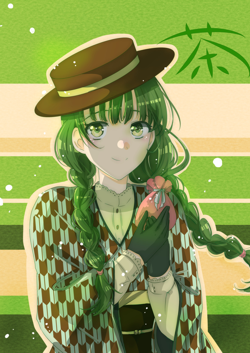 black_gloves black_hat boater_hat braid closed_mouth commentary dress_shirt female gloves green_eyes green_hair green_kimono hat highres holding japanese_clothes kimono looking_up obi obijime outline pouch rishia_ivyred sash shirt smile solo split_mouth striped striped_background symbol-only_commentary tate_no_yuusha_no_nariagari tilted_headwear twin_braids unmoving_pattern upper_body user_jntp2743 white_outline yagasuri