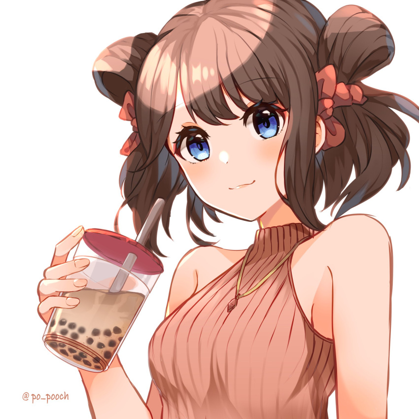 alternate_costume bare_shoulders blue_eyes bubble_tea casual dragalia_lost drink drinking_straw female hair_ribbon highres holding holding_drink jewelry lin_you lips looking_at_viewer medium_hair necklace po_pooch ribbon smile solo upper_body