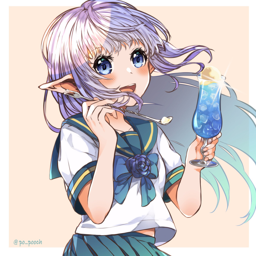 alternate_costume blue_eyes blue_hair dragalia_lost drink female flower food granblue_fantasy highres holding holding_drink ice_cream lily_(granblue_fantasy) long_hair looking_at_viewer open_mouth po_pooch ribbon school_uniform smile soda spoon