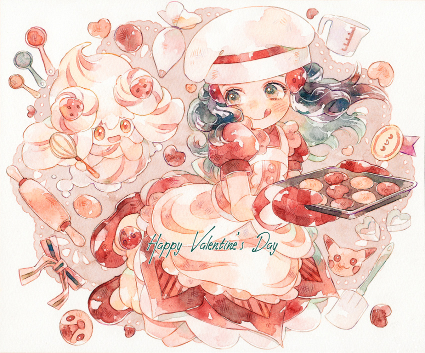 :q alcremie alcremie_(strawberry_sweet) apron baking_sheet blush buttons chef_hat closed_mouth commentary dawn_(palentine's_2021)_(pokemon) dawn_(pokemon) dress eyelashes female floating_hair happy_valentine hat holding looking_back mittens nose_blush official_alternate_costume oharu-chan oven_mitts painting_(medium) pikachu piplup pokemon pokemon_(creature) pokemon_masters_ex red_dress red_mittens short_sleeves smile tongue tongue_out traditional_media valentine watercolor_(medium)