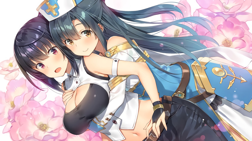 2girls arifureta_shokugyou_de_sekai_saikyou armor black_hair blue_hair breasts brown_eyes cleavage cross dress flowers gloves hat hug long_hair navel purple_eyes shirasaki_kaori shoujo_ai yaegashi_shizuku yuuki_hagure