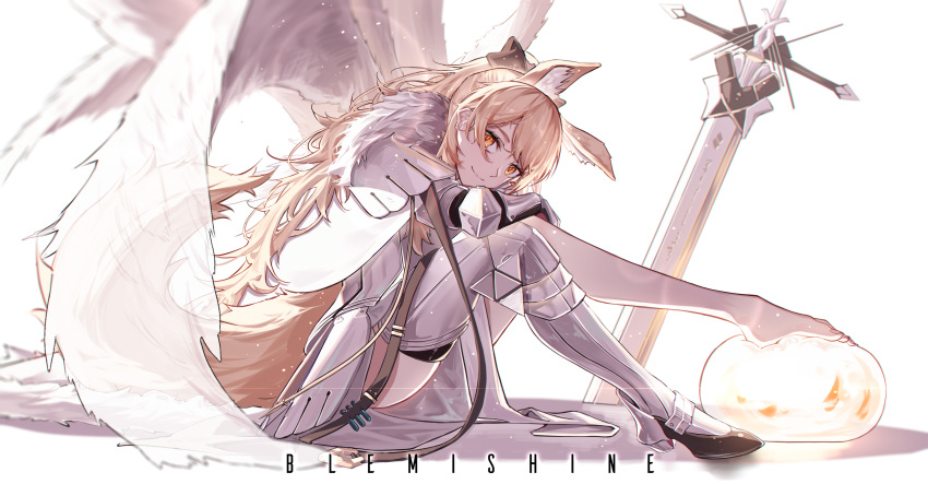 absurdres animal_ear_fluff animal_ears arknights armor bare_legs barefoot black_bow blemishine_(arknights) blonde_hair bow breastplate character_name extra_ears feet female full_armor fur-trimmed_armor fur_trim hairbow highres horse_ears horse_girl horse_tail knight long_hair looking_at_viewer planted planted_sword plate_armor smile solo sword tail thighs weapon yellow_eyes yellow_tail yuan_long