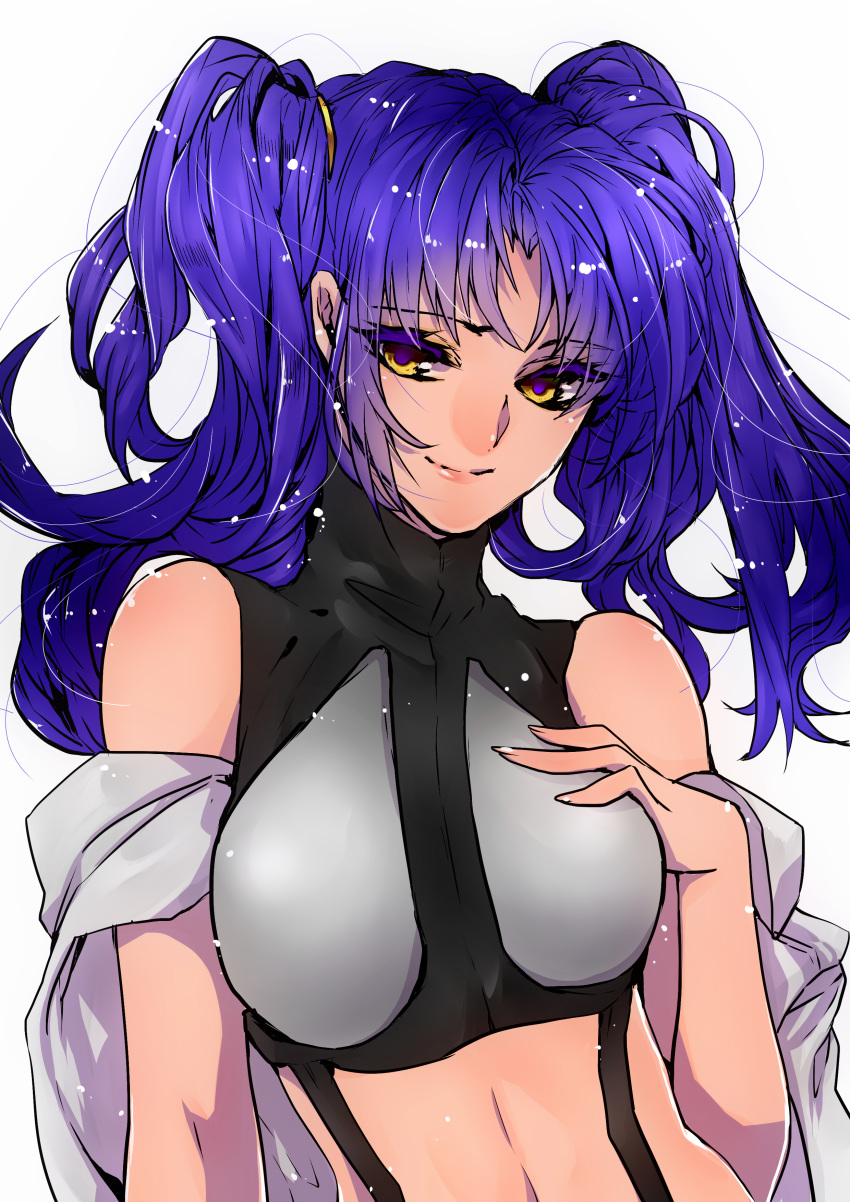 absurdres blue_hair cross_ange female hand_on_breast highres huxoran77 long_hair looking_down looking_to_the_side midriff painttool_sai_(medium) salia_(cross_ange) solo twintails yellow_eyes