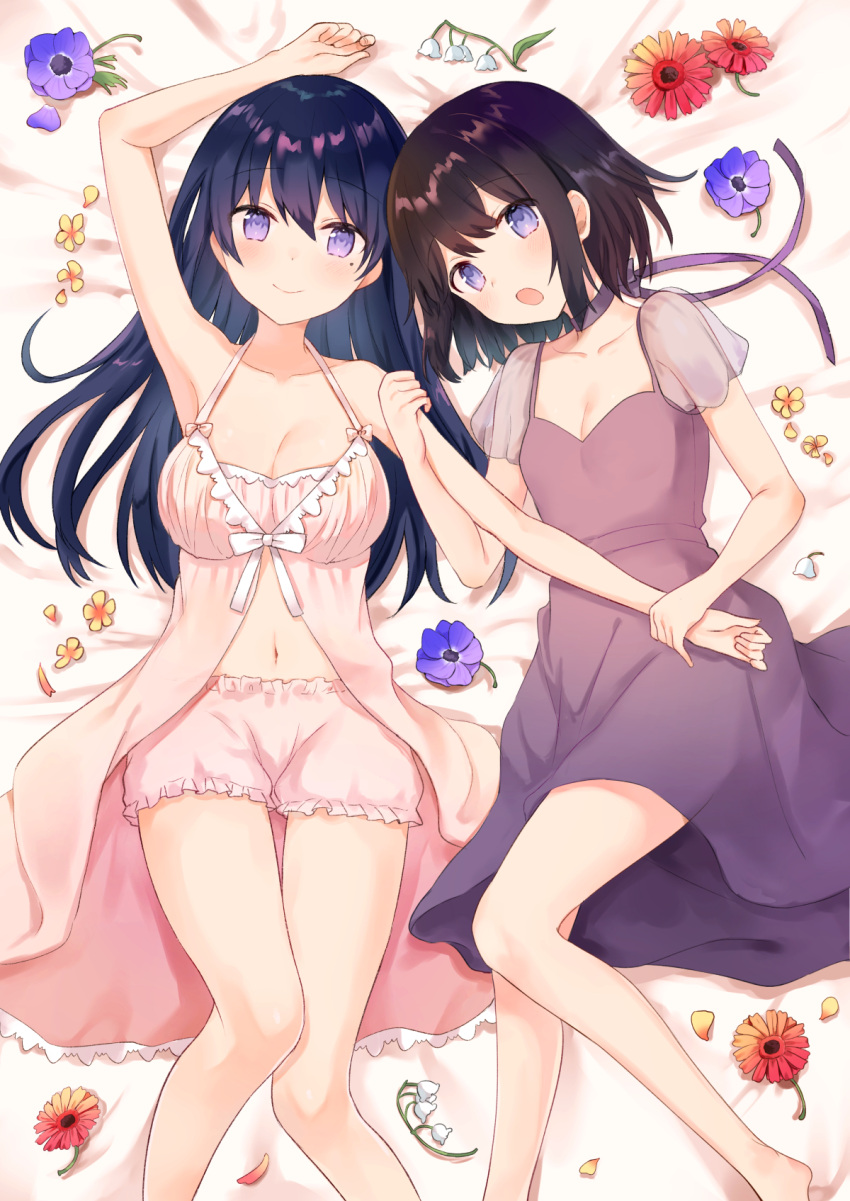 2girls anemone_(flower) bare_arms bare_shoulders barefoot bed_sheet black_hair bloomers blush breasts brown_hair chiune_(yachi) cleavage closed_mouth collarbone commentary_request dress feet_out_of_frame flower hachisuka_hatsuno hair_between_eyes highres lily_of_the_valley long_hair lying medium_breasts mole mole_under_eye multiple_girls navel on_back open_mouth pink_bloomers purple_dress purple_eyes purple_flower red_flower see-through see-through_sleeves short_sleeves smile suenobu_itsuki tsumugu_otome_to_taishou_no_tsuki underwear very_long_hair white_flower yellow_flower