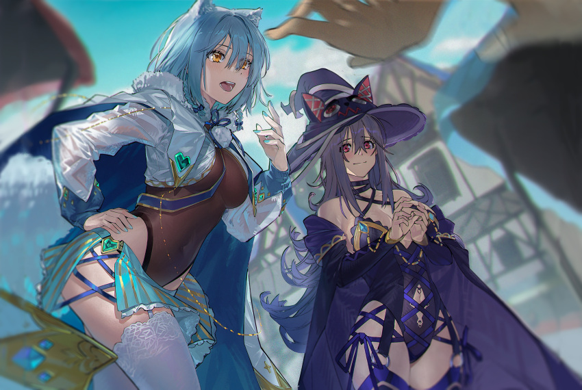 2girls absurdres aloe_(pride_of_eden) animal_ears aqua_hair aqua_nails blurry blurry_foreground braid breasts cape cleavage clothing_cutout contrapposto covered_navel cowboy_shot criss-cross_halter depth_of_field garter_straps hair_between_eyes halterneck hand_on_own_hip hat highres large_breasts leotard long_hair lovey_(pride_of_eden) multiple_girls nail_polish navel navel_cutout o-ring open_mouth outdoors own_hands_together pink_eyes purple_hair qiongsheng red:_pride_of_eden sidelocks skirt smile thighhighs twin_braids white_legwear yellow_eyes