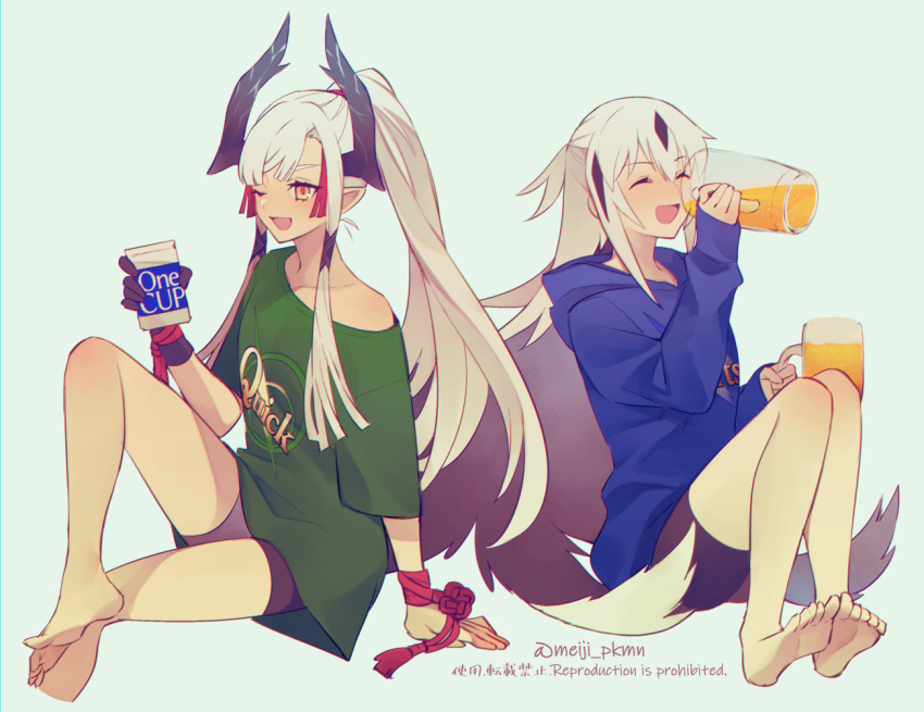 2girls alcohol arts_shirt barefoot beer beer_mug black_hair blue_sweater blush breasts closed_eyes cup fate/grand_order fate_(series) green_shirt hair_between_eyes hood hooded_sweater horns kiichi_hougen_(fate) koha-ace large_breasts legs long_hair long_sleeves looking_at_viewer medium_breasts meiji_ken mug multicolored_hair multiple_girls nagao_kagetora_(fate) open_mouth orange_eyes pointy_ears ponytail quick_shirt shirt short_sleeves sidelocks sitting smile sweater tassel two-tone_hair very_long_hair white_hair