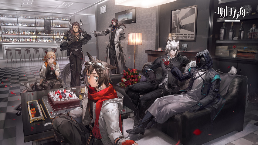 6+boys animal_ears arknights bar_(place) bar_stool birthday_cake bison_(arknights) black_hair brown_hair cake celebration checkered_floor closed_mouth coat couch courier_(arknights) doctor_(arknights) food from_side full_body gnosis_(arknights) guest_art helmet highres horns indoors jacket lamp long_sleeves looking_at_viewer matterhorn_(arknights) multiple_boys on_couch silverash_(arknights) sitting standing stool white_hair yyb