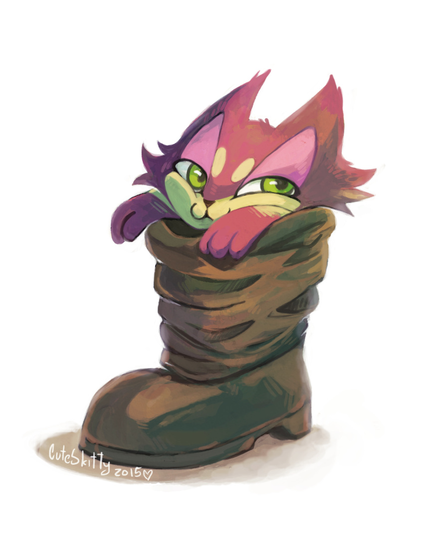 2015 absurd_res ambiguous_gender boots clothing cuteskitty digital_media_(artwork) felid feral footwear fur generation_5_pokemon green_eyes heart_symbol hi_res mammal nintendo paws pokemon pokemon_(species) purple_body purple_fur purrloin shoes simple_background smile solo tan_body tan_fur white_background