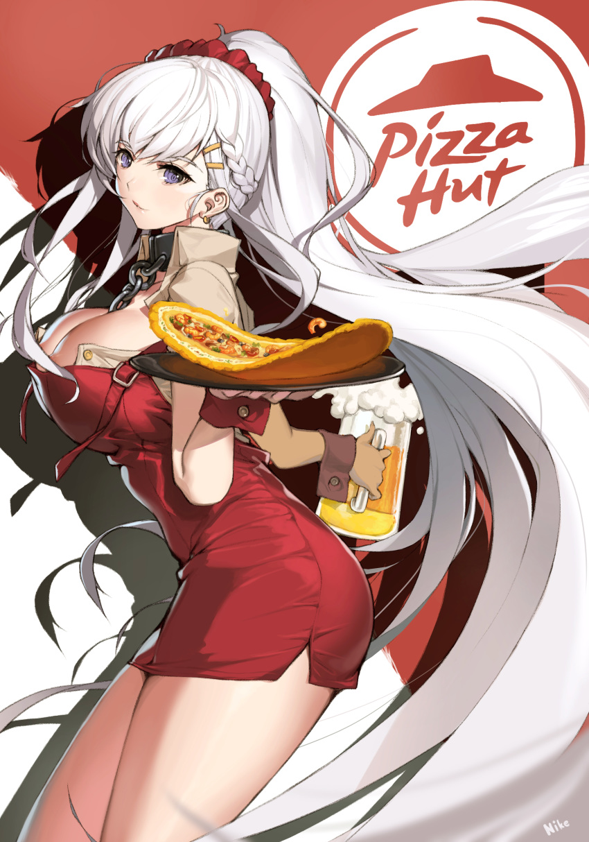 absurdres alcohol apron azur_lane beer beer_mug beige_shirt belfast_(azur_lane) belfast_(piping-hot_perfection)_(azur_lane) braid breasts broken broken_chain chains cleavage collar collared_shirt commentary_request convenient_censoring cup dress drinking_glass earrings female food french_braid from_side hair_censor hair_ornament hairclip high_ponytail highres holding holding_cup holding_tray jewelry large_breasts long_hair mug nike_(nike1060) nipple_slip nipples official_alternate_costume photoshop_(medium) pizza pizza_hut purple_eyes red_apron red_dress red_scrunchie scrunchie shirt short_sleeves sidelocks solo thighs tray very_long_hair waitress wardrobe_malfunction white_hair wrist_cuffs