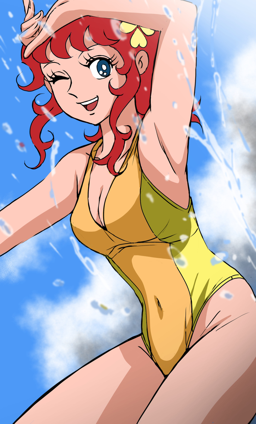 absurdres arm_up blue_eyes breasts cloud cloudy_sky collarbone female flower hair_flower hair_ornament highres kanzaki_megu looking_at_viewer majokko_megu-chan masaaki_endo one-piece_swimsuit one_eye_closed open_mouth red_hair sky smile solo standing swimsuit teeth upper_teeth_only water_drop yellow_one-piece_swimsuit