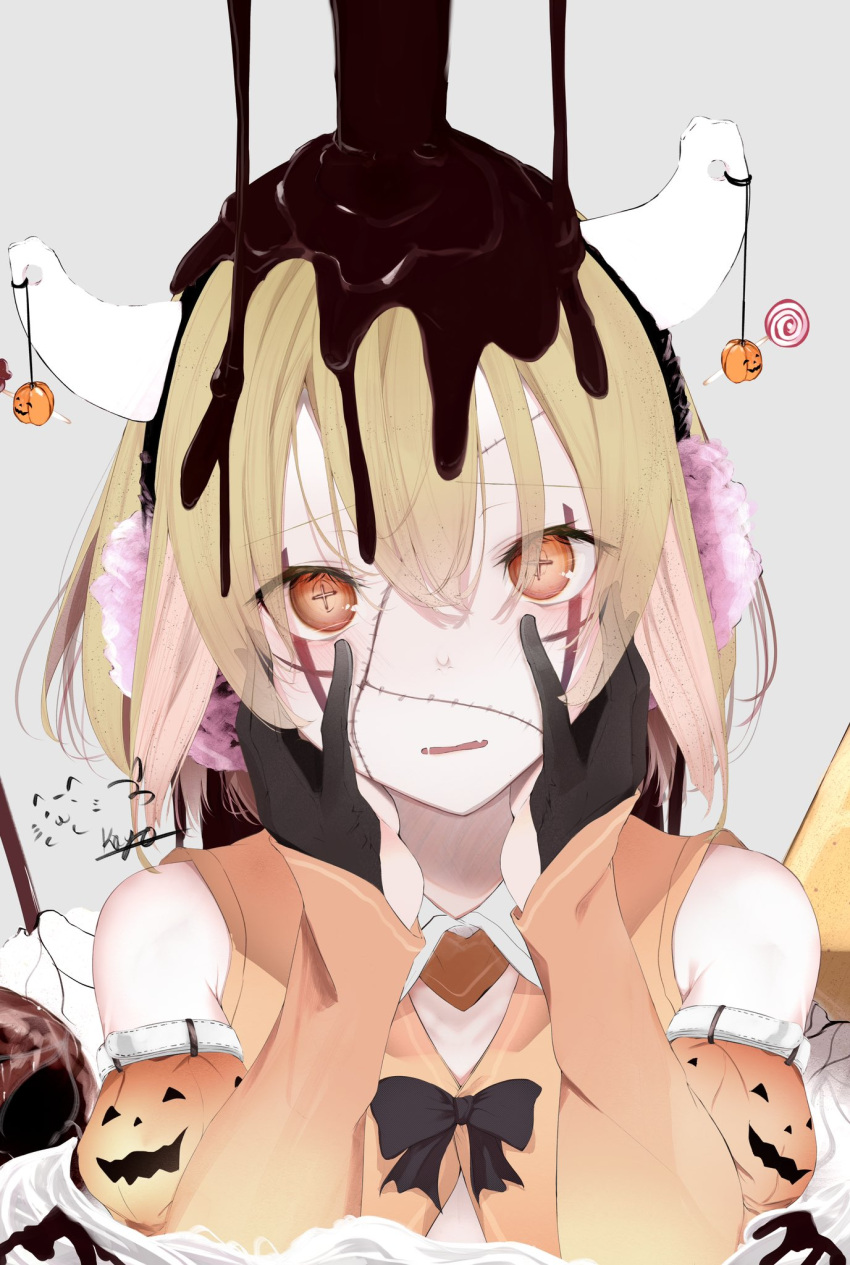 +_+ bad_id bad_twitter_id bare_shoulders black_gloves blonde_hair blush character_request chocolate chunithm commentary_request detached_sleeves earmuffs female gloves grey_background hair_between_eyes hands_on_own_cheeks hands_on_own_face hands_up head_tilt highres horns jack-o'-lantern_print kisaragi_yaya long_sleeves looking_at_viewer oerba_yun_fang orange_eyes parted_lips patchwork_skin pouring saliva saliva_trail short_hair simple_background skin_fang sky_feather_(chunithm) solo stitches upper_body