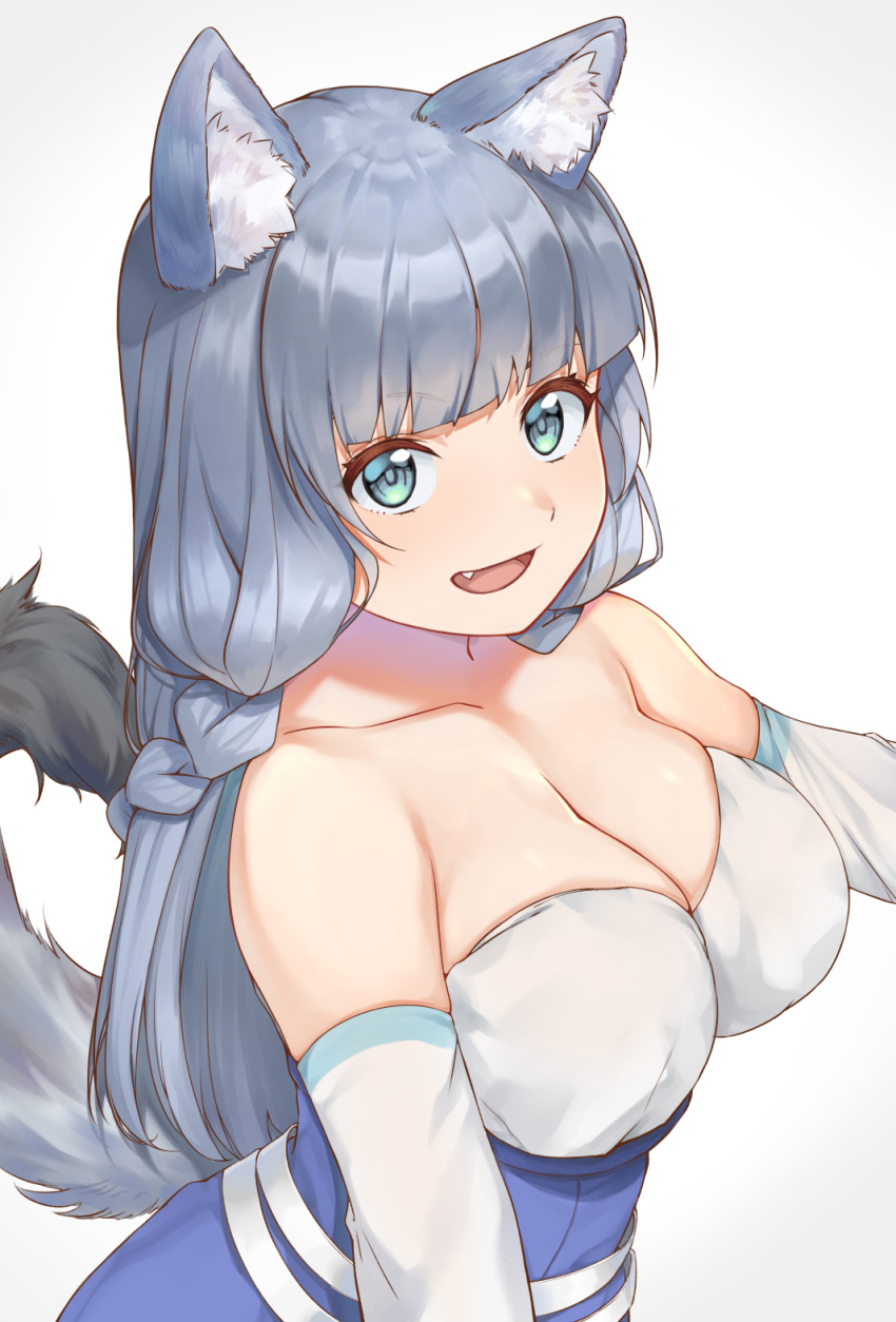 :d animal_ear_fluff animal_ears aqua_eyes bare_shoulders blunt_bangs braid breasts cleavage collarbone detached_sleeves dress female from_side grey_hair highres imori_(lizzy) kemonomichi large_breasts long_hair looking_up oerba_yun_fang open_mouth shigure_(kemonomichi) simple_background smile solo strapless strapless_dress tail upper_body white_background white_sleeves wolf_ears wolf_girl wolf_tail