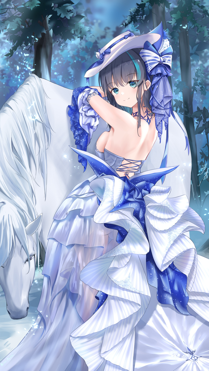 absurdres aqua_eyes aqua_hair arino_ayarei azur_lane backless_dress backless_outfit bare_back blue_ribbon breast_press breasts cheshire_(azur_lane) cheshire_(the_cat_and_the_white_steed)_(azur_lane) detached_sleeves dress evening_gown eyes_visible_through_hair female frilled_dress frills from_behind hat highres horse large_breasts layered_dress looking_at_viewer looking_back medium_hair multicolored_hair official_alternate_costume outdoors panties purple_hair ribbon see-through smile solo strapless strapless_dress sun_hat thigh_gap two-tone_hair underwear white_dress white_hat white_horse