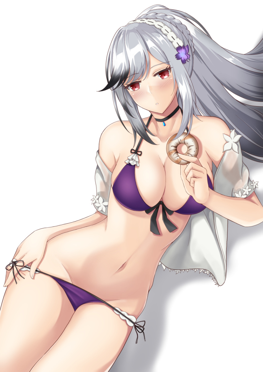 azur_lane bad_id bad_pixiv_id bare_shoulders bikini blush braid breasts choker cleavage collarbone commentary_request crown_braid doughnut dunkerque_(azur_lane) dunkerque_(summer_sucre)_(azur_lane) female flower food front-tie_bikini_top front-tie_top grey_hair hair_flower hair_ornament hairband highres long_hair looking_at_viewer medium_breasts navel official_alternate_costume purple_bikini red_eyes solo stomach swimsuit white_background yamato_(083)