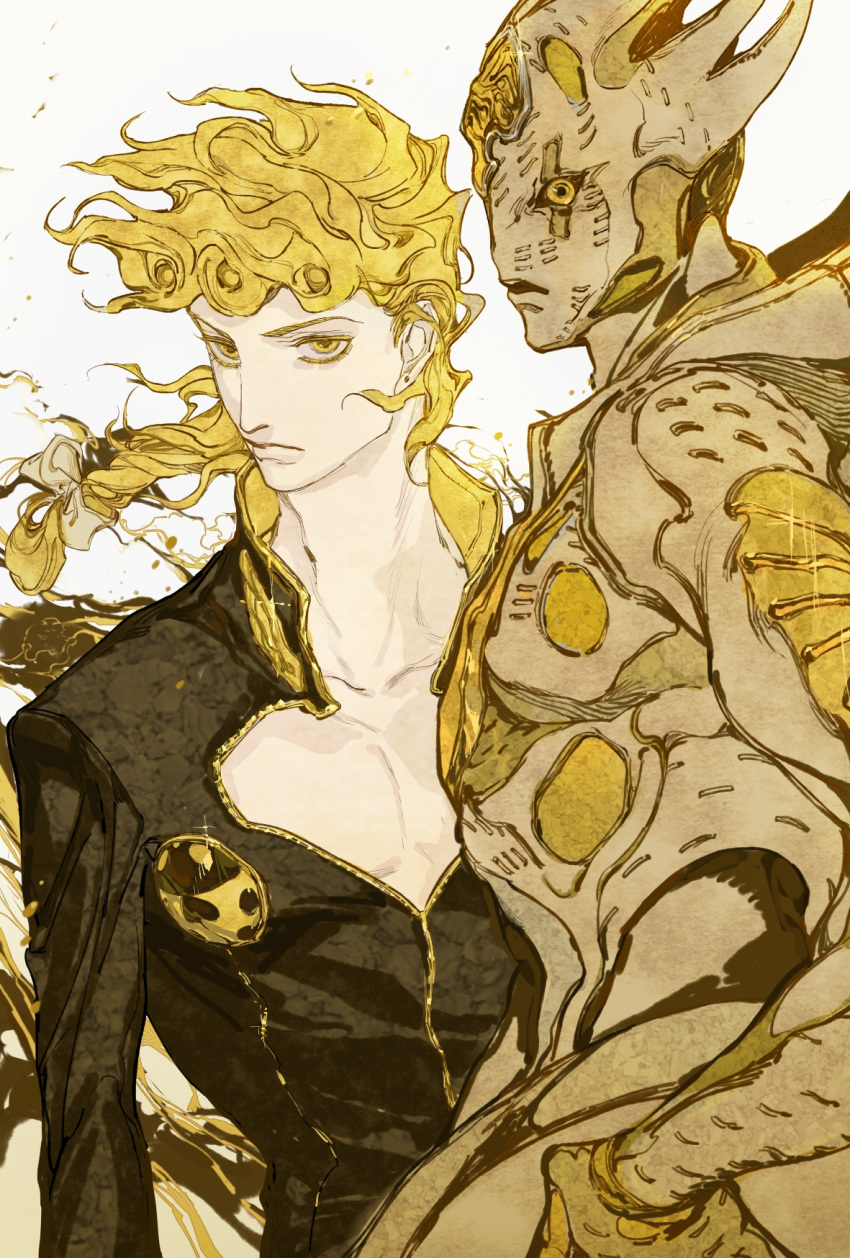 1boy bare_pectorals black_sclera blonde_hair bow closed_mouth colored_sclera earrings giorno_giovanna glint gold_experience gold_experience_requiem hairbow highres jewelry jojo_no_kimyou_na_bouken long_hair male_focus mitus pectorals solo stand_(jojo) upper_body vento_aureo yellow_bow yellow_eyes yellow_theme