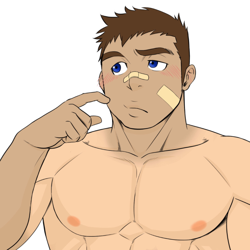 1boy bandaid bandaid_on_face bandaid_on_nose bara blue_eyes blush commentary_request completely_nude dark-skinned_male dark_skin finger_to_cheek large_pectorals long_sideburns looking_away male_focus muscular muscular_male nakatsugi_kyuuma nipples nude pectorals porkjinta short_hair sideburns simple_background solo tan tanlines thick_eyebrows tokyo_afterschool_summoners upper_body