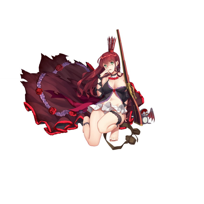 anklet barefoot breasts crossed_legs dress female fingernails formidable_(warship_girls_r) frilled_dress frills green_eyes gun highres jewelry large_breasts long_fingernails long_hair nail_polish red_dress red_hair red_headwear simple_background solo transparent_background warship_girls_r weapon zi_se