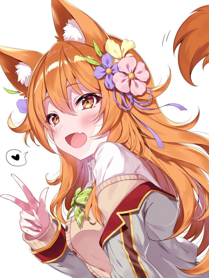 absurdres animal_ear_fluff animal_ears blush female flower fox_ears fox_tail hair_flower hair_ornament heart highres korin_(shironeko_project) long_hair oerba_yun_fang orange_hair school_uniform shironeko_project simple_background skin_fang spoken_heart tail tatejima_uri upper_body v white_background