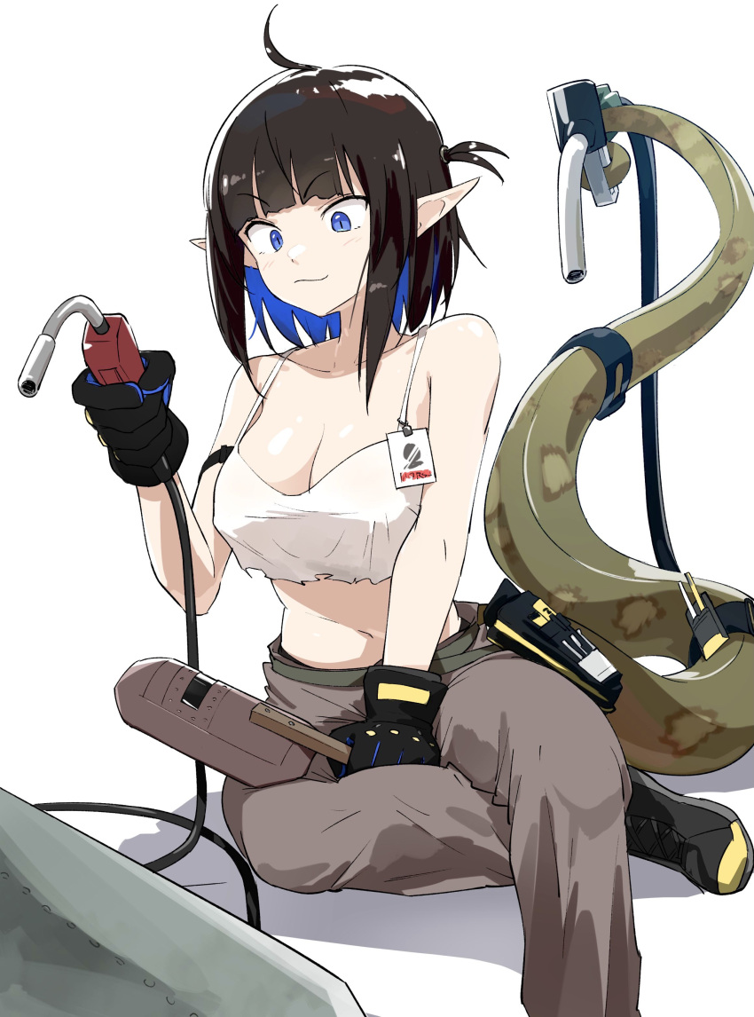 absurdres ahoge arknights bad_id bad_twitter_id bare_shoulders black_hair blue_eyes blue_hair blunt_bangs breasts camisole closed_mouth crop_top crop_top_overhang drawdrawdeimos eunectes_(arknights) eunectes_(forgemaster)_(arknights) female gas_pump_nozzle gloves highres multicolored_hair navel official_alternate_costume pants pointy_ears short_hair smug snake_tail solo tail two-tone_hair welding_mask