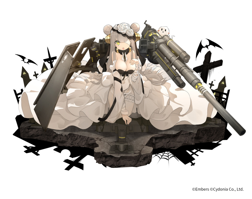 88_flak_(ash_arms) ash_arms bandage_over_one_eye bandaged_arm bandages bat_(animal) between_breasts black_bow black_collar bow breasts brown_hair cleavage_cutout clothing_cutout collar commentary_request cross detached_sleeves dress female flower ghost graveyard habit halloween halloween_costume highres kneeling layered_dress long_dress long_hair looking_at_viewer nun official_art pantyhose rigging rose solo tombstone undeedking watermark white_dress white_flower white_pantyhose white_rose white_sleeves yellow_eyes zipper