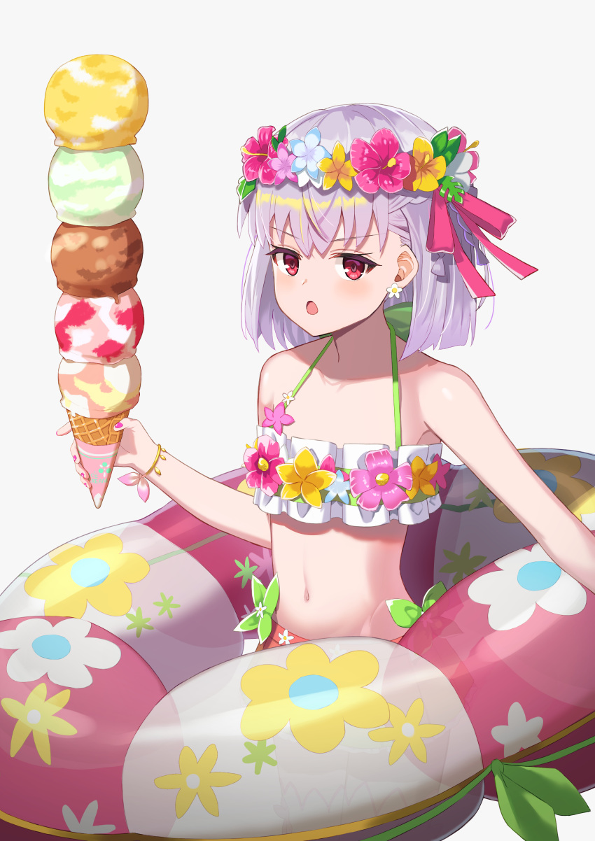 absurdres bare_shoulders bikini blush breasts collarbone commentary fate/grand_order fate_(series) female flower_wreath food green_bikini hair_ribbon head_wreath highres ice_cream ice_cream_cone innertube kama_(fate) kama_(swimsuit_avenger)_(fate) kama_(swimsuit_avenger)_(first_ascension)_(fate) looking_at_viewer miniskirt motukan navel open_mouth red_eyes ribbon short_hair skirt small_breasts solo swim_ring swimsuit white_hair