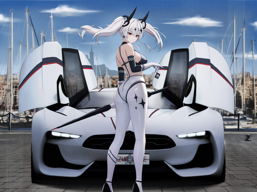 absurdres alternate_costume alternate_hair_length alternate_hairstyle architecture ass azur_lane backless_outfit bare_back bare_shoulders black_footwear black_gloves black_sports_bra blue_sky boat breasts brick_road butterfly_doors car cathedral character_name charm_(object) checkered_clothes citroen closed_umbrella cloud cloudy_sky copyright_name country_connection day detached_collar detached_sleeves earrings elbow_gloves eyelashes eyeliner female france from_behind full_body gloves greco-roman_architecture gt_by_citroen hair_between_eyes hair_ornament halterneck hand_up harbor high_heels highleg highres holding holding_key holding_umbrella jewelry joffre_(azur_lane) kcar66t key license_plate long_hair looking_at_viewer looking_back makeup marina marseille medium_breasts midriff motor_vehicle mountainous_horizon notre_dame_de_la_garde outdoors pantyhose print_pantyhose product_placement race_queen real_world_location red_eyeliner sailboat shiny_clothes shoulder_blades sideboob sidelocks skin_tight skindentation sky solo sparkle_hair_ornament sparkle_print sports_bra sports_car star_(symbol) star_earrings strappy_heels thighs tight_clothes twintails two-tone_bodysuit two-tone_gloves umbrella vichya_dominion_(emblem) vieux-port_de_marseille water watercraft white_gloves white_hair