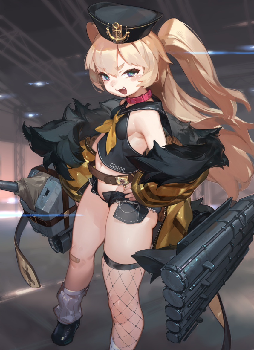 :3 anchor_hat_ornament armpit_crease ass azur_lane bache_(azur_lane) bandaid bandaid_on_knee bandaid_on_leg bare_shoulders belt belt_collar black_headwear black_sailor_collar black_shirt black_shorts blonde_hair blue_eyes blush breasts collar commentary_request crop_top dollar_sign female fishnet_thighhighs fishnets foot_out_of_frame hand_on_own_hip hat_ornament highres jacket long_hair looking_at_viewer loose_socks micro_shorts navel neckerchief oerba_yun_fang off_shoulder open_fly open_mouth pocket red_belt sailor_collar shirt short_shorts shorts single_thighhigh sleeveless sleeveless_shirt small_breasts smile so-taro socks solo standing thighhighs turret two_side_up white_thighhighs yellow_jacket yellow_neckerchief