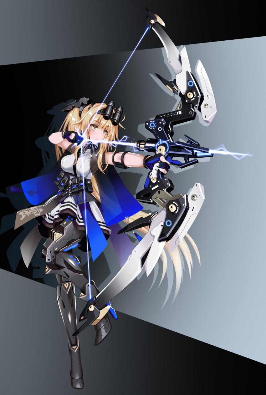 absurdres bianca:_veritas_(punishing:_gray_raven) bianca_(punishing:_gray_raven) binoculars blonde_hair bow bow_(weapon) cyborg dress female headgear highres holding holding_bow_(weapon) holding_weapon kinoshita_tsuyuki long_hair mechanical_legs multicolored_hair punishing:_gray_raven sleeveless sleeveless_dress solo twintails weapon white_dress white_hair