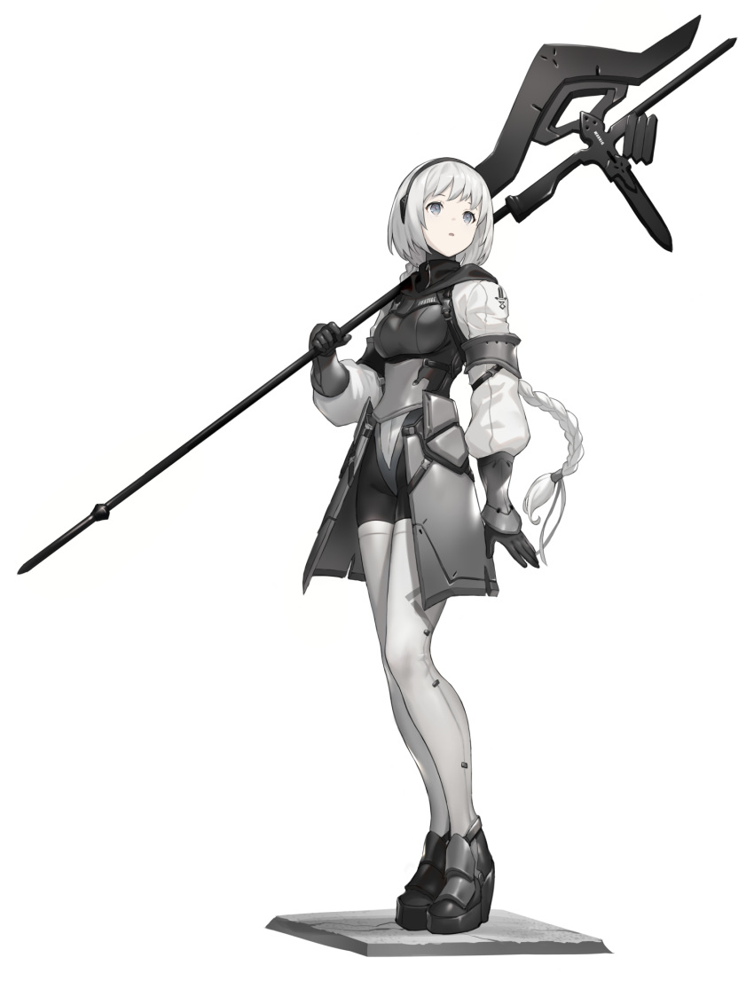 armor braid braided_ponytail commentary_request duplicate faulds female full_body grey_eyes hairband halberd high_heels highres km_yama long_hair original over_shoulder pixel-perfect_duplicate platform_footwear polearm solo thighhighs weapon weapon_over_shoulder white_background white_hair