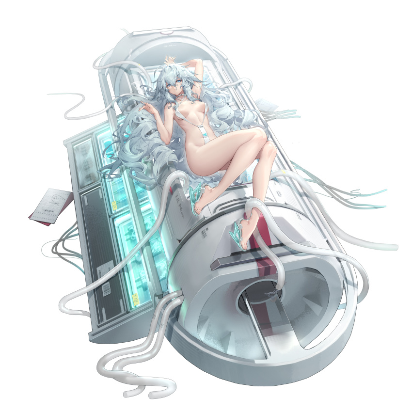 absurdres arm_up awakening_(neural_cloud) bare_arms bare_legs bare_shoulders barefoot blue_eyes breasts dress feet female florence_(neural_cloud) girls'_frontline girls'_frontline_neural_cloud grey_hair hair_between_eyes high_heels highres large_breasts long_hair looking_at_viewer machinery messy_hair official_art pa-15_(girls'_frontline) parted_lips shanyao_jiang_tororo slingshot_swimsuit solo swimsuit swimsuit_under_clothes thighs toenails toes very_long_hair white_background white_dress white_footwear