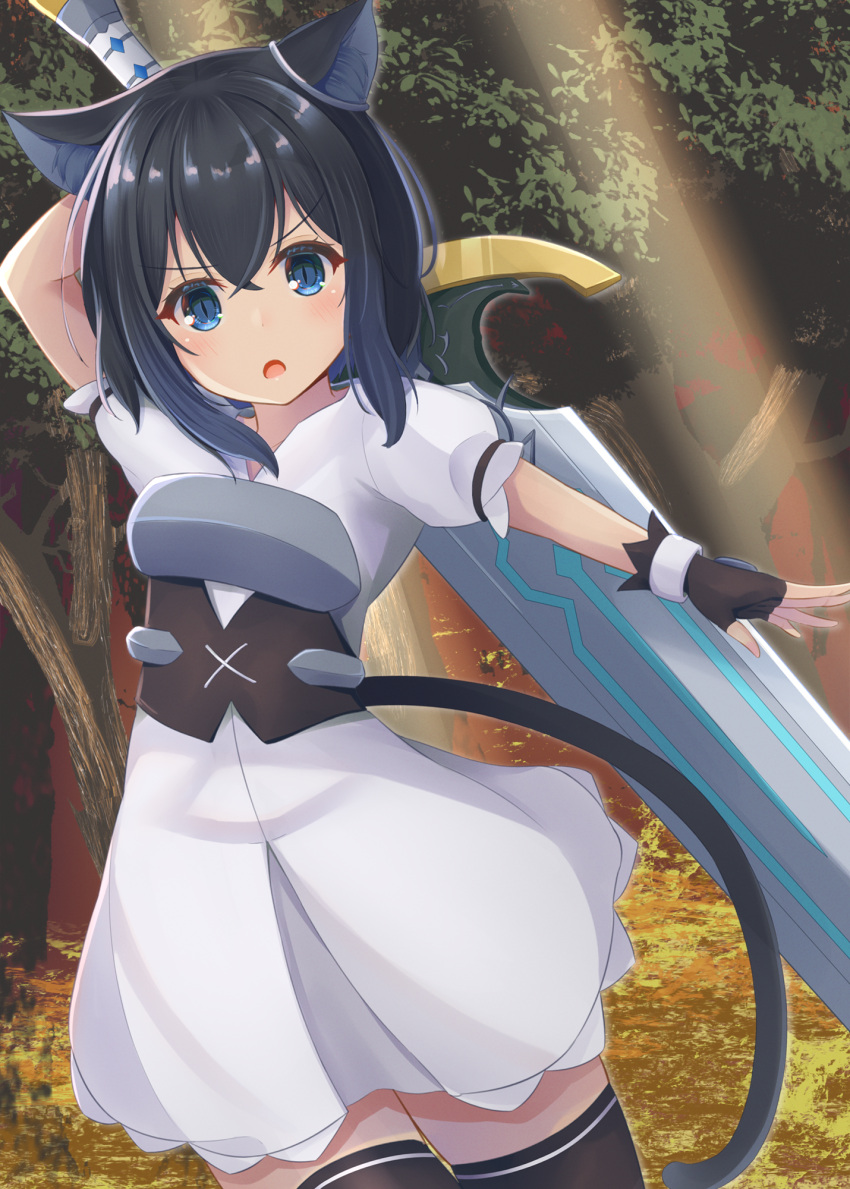 :o animal_ear_fluff animal_ears arm_behind_back armor armored_dress black_gloves black_hair black_tail black_thighhighs blue_eyes breastplate cat_ears cat_girl cat_tail crossed_bangs dress fantasy female fingerless_gloves forest fran_(tensei_shitara_ken_deshita) gloves greatsword hair_between_eyes hair_ornament highres holding holding_sword holding_weapon huge_weapon jewelry living_weapon looking_at_viewer minakami_mimimi nature open_mouth ring shishou_(tensei_shitara_ken_deshita) short_hair short_sleeves slit_pupils solo standing sword sword_behind_back tail tensei_shitara_ken_deshita thighhighs weapon white_dress zettai_ryouiki