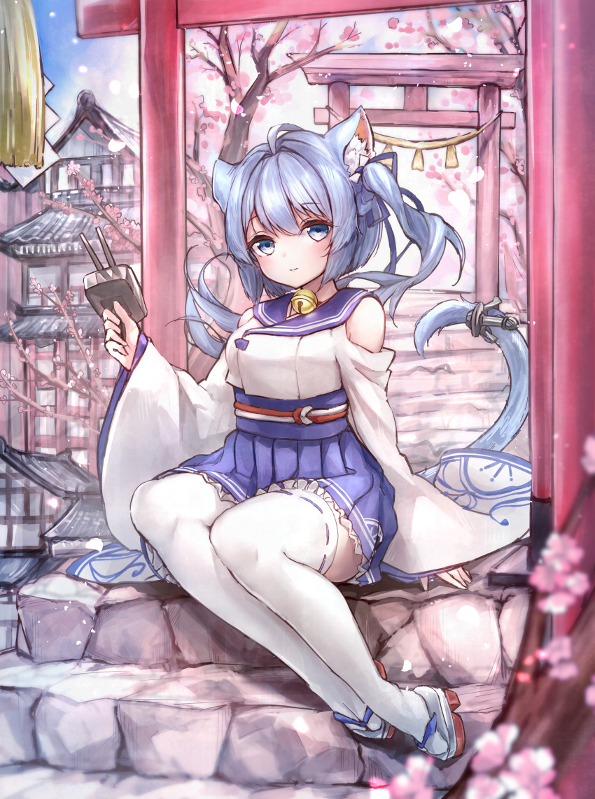 absurdres ahoge animal_ears asashio_(azur_lane) azur_lane bad_id bad_pixiv_id bell blue_eyes blue_hair blue_ribbon blue_skirt blush cat_ears cat_tail catumi_(ta938_ka23) cherry_blossoms closed_mouth day female hair_ribbon highres holding jingle_bell long_hair long_sleeves multiple_torii neck_bell outdoors pleated_skirt ribbon ribbon-trimmed_legwear ribbon_trim sitting skirt solo stairs tail temple thighhighs torii white_thighhighs wide_sleeves