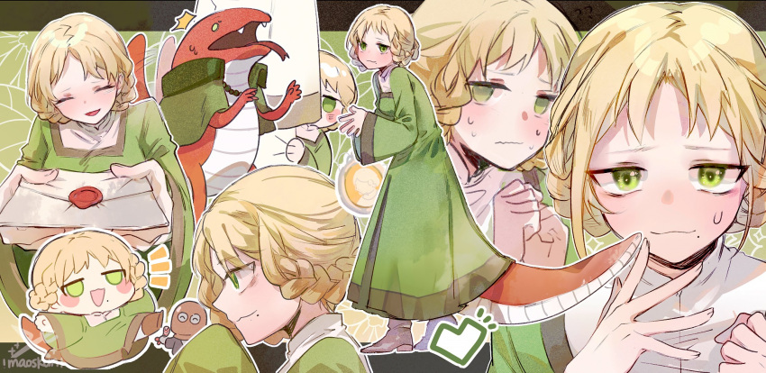 1boy 2girls ^^^ artist_name blackguard_big_boggart blonde_hair blush boots braid breasts chibi closed_eyes dress elden_ring english_commentary eyes_visible_through_hair food forked_tongue full_body furry furry_female green_dress green_eyes heart highres holding holding_food holding_letter lady_tanith_(elden_ring) letter lizard_tail looking_at_viewer maou_skun mole mole_under_mouth multiple_girls multiple_views nervous open_mouth own_hands_together peeking_out rya_(elden_ring) shrimp side_braids small_breasts smile spoilers sweat sweatdrop tail tongue tongue_out upper_body wide_sleeves zorayas