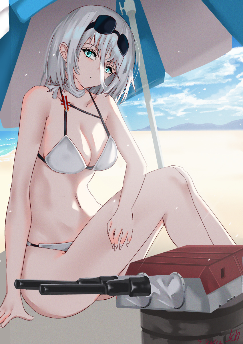 absurdres azur_lane bare_legs beach beach_umbrella bikini blue_eyes breasts cleavage closed_mouth eyewear_on_head female grey_hair highres ishimaru_(ishimarust) legs looking_at_viewer medium_breasts official_alternate_costume on_ground outdoors sand short_hair simple_background solo sunglasses swimsuit tirpitz_(azur_lane) tirpitz_(snow-melting_summer)_(azur_lane) umbrella white_bikini