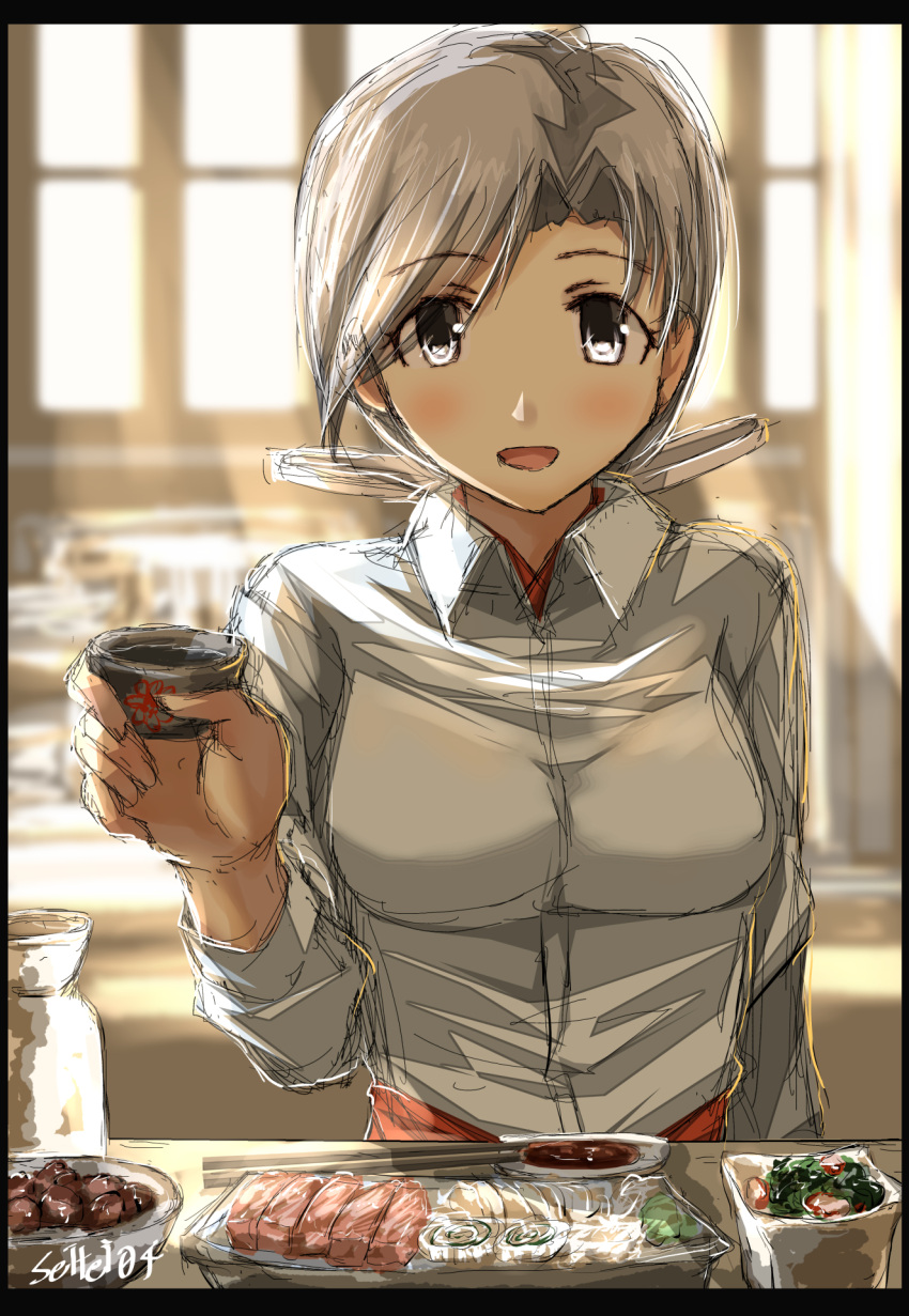 alcohol blouse breasts chitose_(kancolle) cup female fish_(food) food grey_hair hair_ribbon highres holding holding_cup kantai_collection large_breasts long_hair looking_at_viewer pov_across_table ribbon sake sashimi seitei_(04seitei) shirt signature smile tokkuri