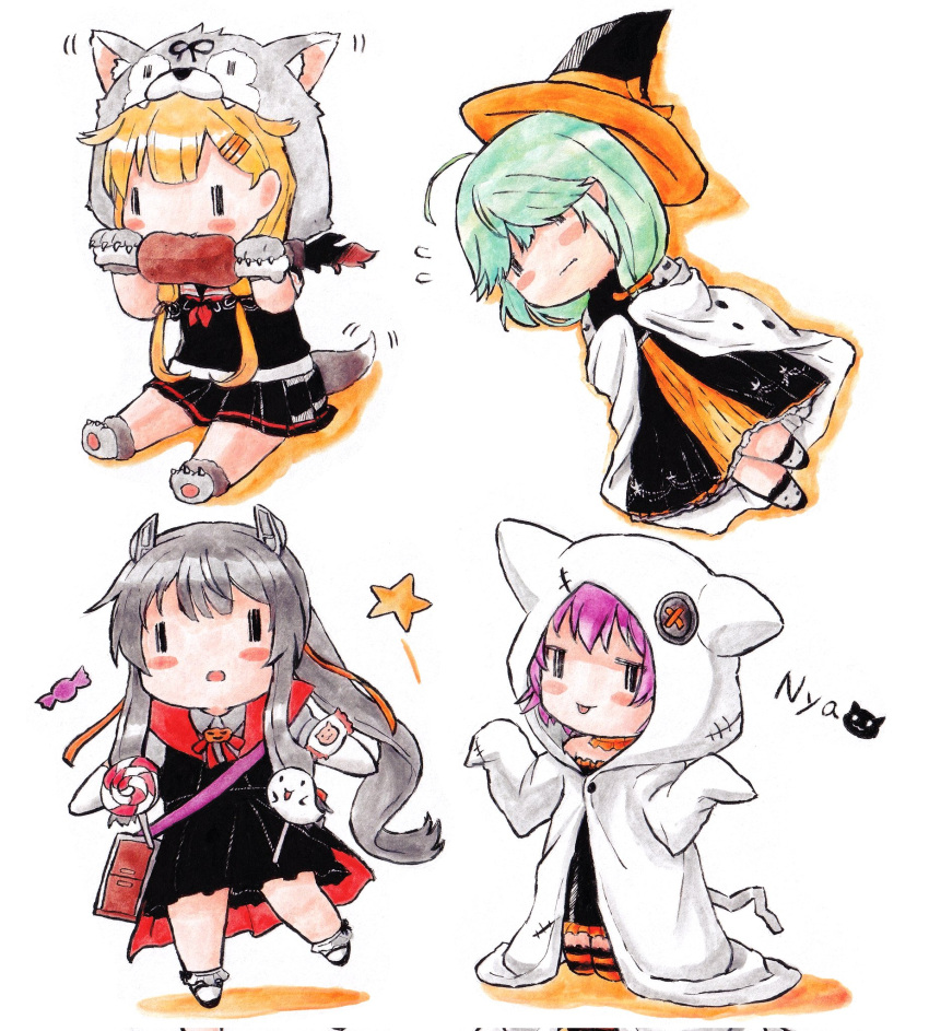 4girls adapted_costume ahoge animal_hood black_dress black_hair black_headwear black_ribbon black_serafuku blonde_hair boned_meat candy cape chibi corrupted_twitter_file dress eating food green_hair hair_flaps hair_ornament hair_ribbon hairclip hamanami_(kancolle) hat highres hood i-47_(kancolle) kantai_collection lollipop long_hair low-tied_long_hair meat multiple_girls official_alternate_costume pink_hair poipoi_purin ribbon school_uniform serafuku short_hair simple_background tail tama_(kancolle) traditional_media white_background white_cape witch_hat wolf_hood wolf_tail yuudachi_(kancolle) yuudachi_kai_ni_(kancolle) |_|