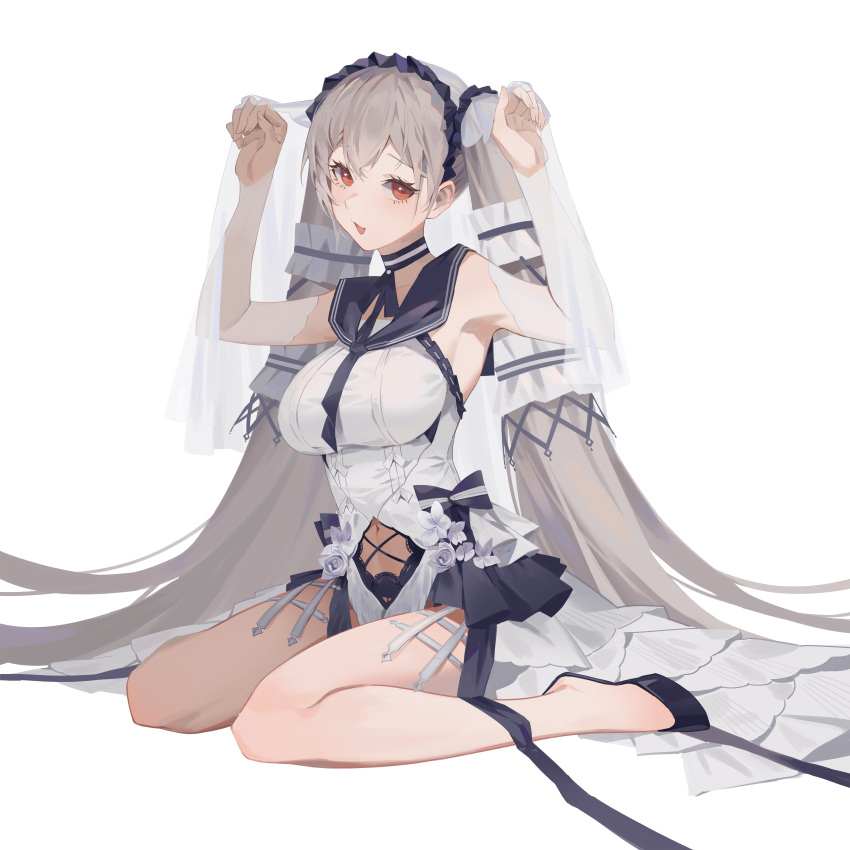 absurdres arms_up azur_lane black_footwear breasts dress female formidable_(azur_lane) formidable_(timeless_classics)_(azur_lane) high_heels highres kaikaikai long_hair looking_at_viewer medium_breasts navel official_alternate_costume on_floor open_mouth paw_pose platinum_blonde_hair red_eyes sitting smile solo twintails very_long_hair wariza white_background white_dress