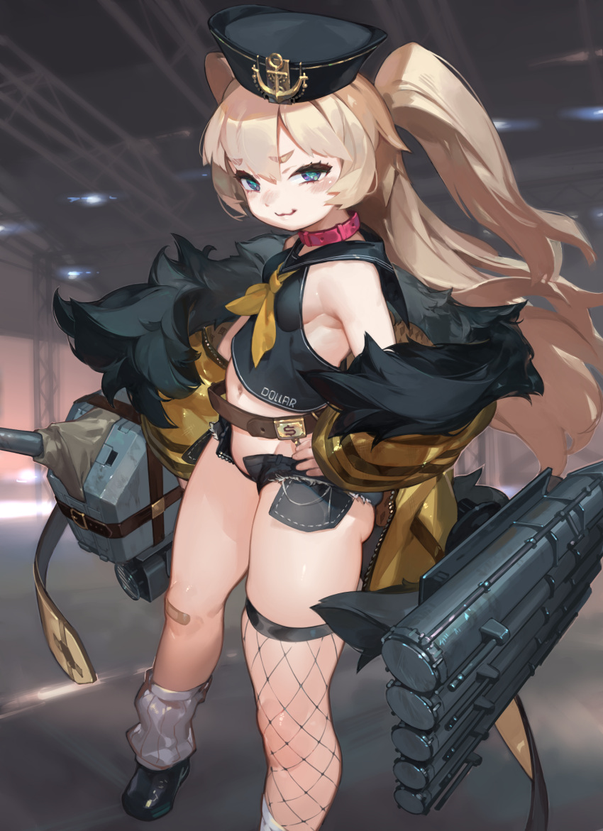 :3 anchor_hat_ornament armpit_crease ass azur_lane bache_(azur_lane) bandaid bandaid_on_knee bandaid_on_leg bare_shoulders belt belt_collar black_headwear black_sailor_collar black_shirt black_shorts blonde_hair blue_eyes blush breasts closed_mouth collar commentary_request crop_top dollar_sign female fishnet_thighhighs fishnets foot_out_of_frame hand_on_own_hip hat_ornament highres jacket long_hair looking_at_viewer loose_socks micro_shorts navel neckerchief off_shoulder open_fly pocket red_belt sailor_collar shirt short_shorts shorts single_thighhigh sleeveless sleeveless_shirt small_breasts smile so-taro socks solo standing thighhighs turret two_side_up white_thighhighs yellow_jacket yellow_neckerchief