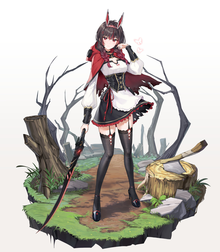 absurdres acco_(sh_in) animal_ears apron black_skirt black_thighhighs braid breasts brown_hair cape choker corset fake_animal_ears faux_figurine female frilled_skirt frills full_body garter_straps gradient_hair hair_over_shoulder hairband highres holding holding_sword holding_weapon long_hair long_sleeves looking_at_viewer lucia_(punishing:_gray_raven) medium_breasts miniskirt multicolored_hair punishing:_gray_raven rabbit_ears red_cape red_hair red_ribbon ribbon shirt simple_background skirt solo standing sword thighhighs torn_cape torn_clothes torn_skirt twin_braids underbust waist_apron weapon white_apron white_background white_shirt zettai_ryouiki