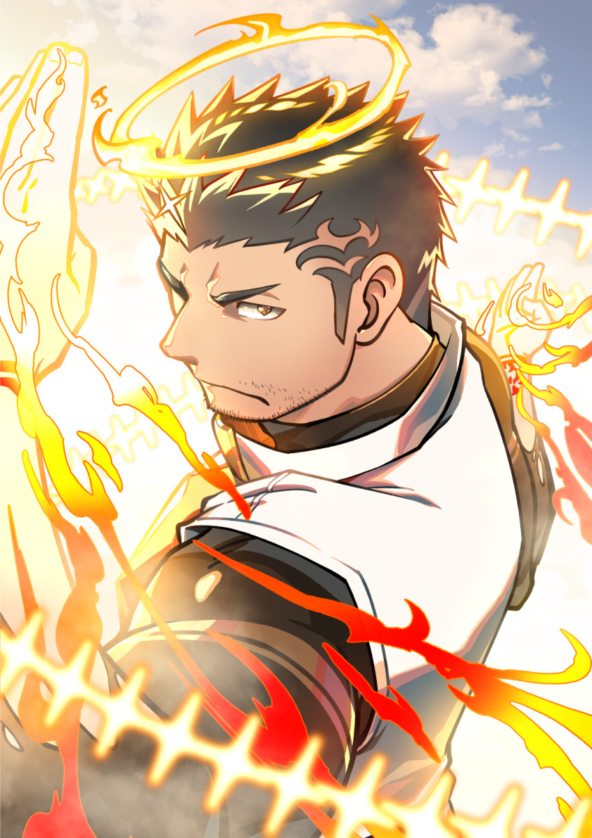 1boy bara black_bodysuit black_hair blush bodysuit facial_hair fire flaming_halo flaming_hand halo highres looking_at_viewer male_focus mature_male muscular muscular_male serious short_hair sideburns sky solo stubble tokiniha_netai_(pm8sleepy) tokyo_afterschool_summoners upper_body yellow_eyes zabaniyya_(housamo)