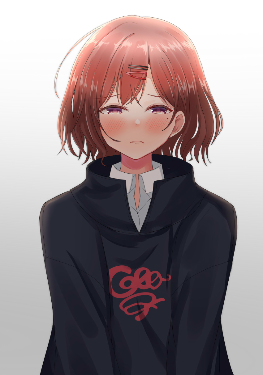 absurdres black_sweater blush brown_hair clothes_writing collared_shirt commentary female frown grey_background hair_ornament hairclip half-closed_eyes highres higuchi_madoka idolmaster idolmaster_shiny_colors long_sleeves looking_at_viewer masurao19 mole mole_under_eye print_sweater purple_eyes shirt short_hair simple_background solo sweater upper_body white_shirt