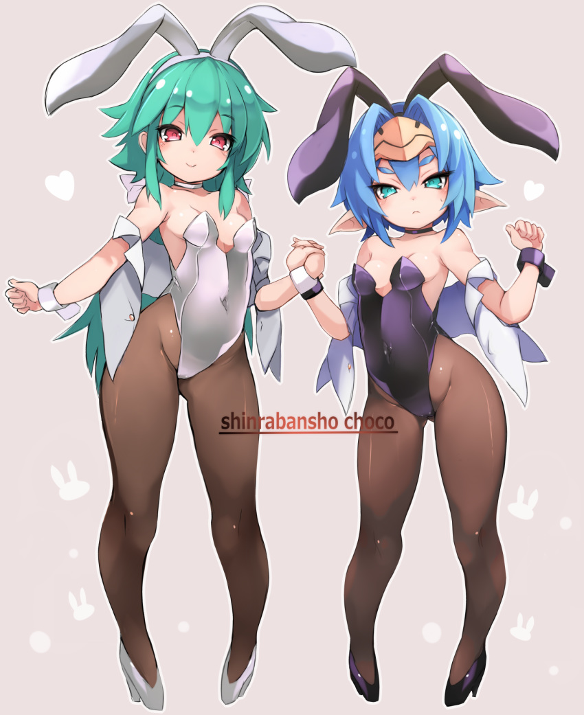 2girls animal_ears aqua_eyes bare_shoulders black_choker black_footwear black_hairband black_leotard blue_eyes blush breasts brown_background brown_legwear choker closed_mouth collarbone commentary_request covered_navel fake_animal_ears fingernails frown green_hair hair_between_eyes hairband heart hellmatio high_heels highres holding_hands karukan_(monjya) leotard long_hair looking_at_viewer multiple_girls off_shoulder open_clothes open_vest pantyhose playboy_bunny pointy_ears rabbit_ears red_eyes shinrabanshou shizuku_(shinrabanshou) shoes simple_background small_breasts smile strapless strapless_leotard thick_eyebrows v-shaped_eyebrows very_long_hair vest white_footwear white_hairband white_leotard white_vest wrist_cuffs