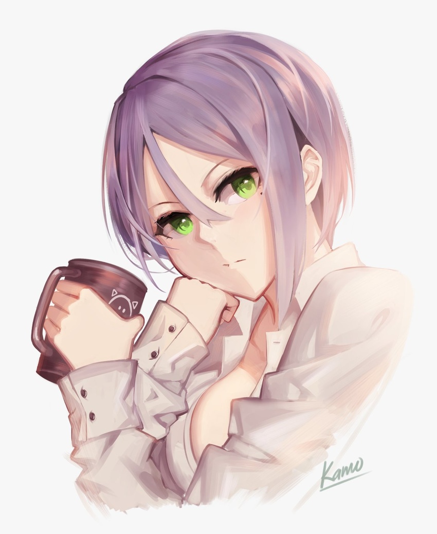 bad_id bad_twitter_id breasts commentary cup english_commentary female green_eyes hair_between_eyes highres holding holding_cup looking_at_viewer midorikawa_maki mole mole_under_eye open_clothes open_shirt purple_hair rhine_(overtonerhine) sakura_quest short_hair simple_background solo white_background