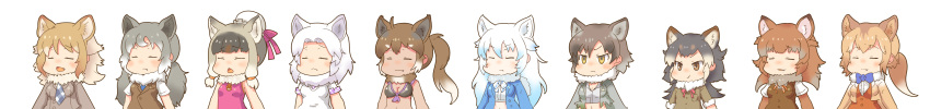 2017 absurd_res accessory amber_eyes animal_humanoid annoyed arctic_wolf_(kemono_friends) argyle_(pattern) bare_shoulders big_breasts bikini biped blonde_hair blue_clothing blue_hair blue_highlights blue_topwear bow_(feature) bow_tie breast_size_difference breasts brown_clothing brown_eyes brown_hair brown_topwear canid canid_humanoid canine canine_humanoid cheek_bulge cleavage closed_eyes clothed clothing crop_top dhole_(kemono_friends) dhole_humanoid digital_drawing_(artwork) digital_media_(artwork) dingo_(kemono_friends) dingo_humanoid dress_shirt ear_tuft eyebrow_through_hair eyebrows fangs female frown fully_clothed fur fur_tuft glistening glistening_hair grey_clothing grey_hair grey_topwear group hair hair_accessory hair_tie half-length_portrait hat headgear headwear hi_res highlights_(coloring) hokkaidō_wolf_(kemono_friends) human_and_animal_ears humanoid inka_(kemono_friends) inner_ear_fluff italian_wolf_(kemono_friends) jacket japanese kemono_friends large_group light light_body light_skin lighting lin-lin_(kemono_friends) long_hair long_image mammal mammal_humanoid medium_breasts mexican_wolf_(kemono_friends) midriff multi_ear multicolored_hair neck_tuft necktie noseless open_clothing open_frown open_jacket open_mouth open_smile open_topwear orange_clothing orange_topwear pattern_clothing pink_clothing pink_topwear plaid plaid_clothing ponytail portrait purple_clothing purple_topwear raised_inner_eyebrows rinka_(kemono_friends) scarf shadow shirt short_hair short_sleeves side_by_side simple_background skimpy small_breasts smile standing sweater sweater_vest swimwear tan_body tan_hair tan_skin teeth topwear torn_clothing torn_topwear translucent translucent_hair tsunko tuft twintails two_tone_hair vest vita_minmi white_background white_clothing white_hair white_highlights white_topwear wide_image wolf_humanoid worried