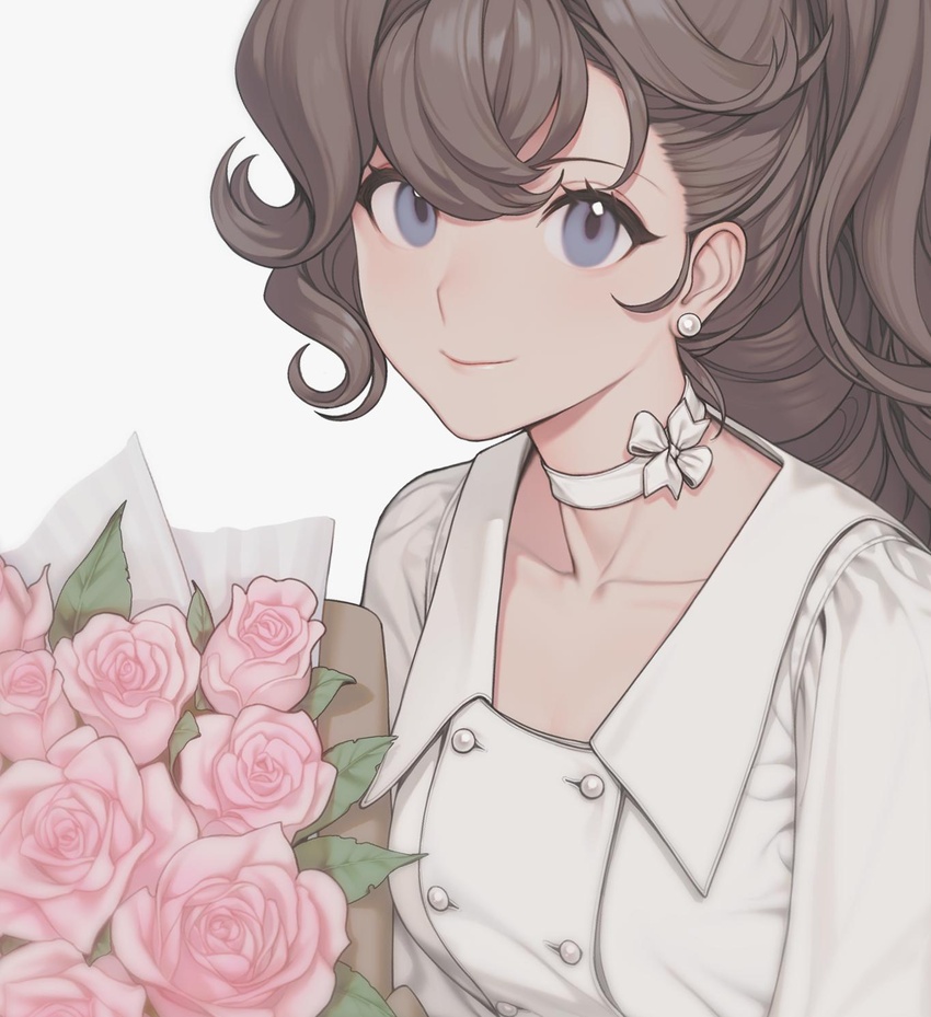 asymmetrical_bangs blue_eyes bouquet bow choker closed_mouth collarbone commentary_request curly_hair dress earrings female flower grey_background grey_hair highres jewelry lips long_hair looking_at_viewer pauline_bonaparte quuni seijo_senki simple_background smile solo white_dress