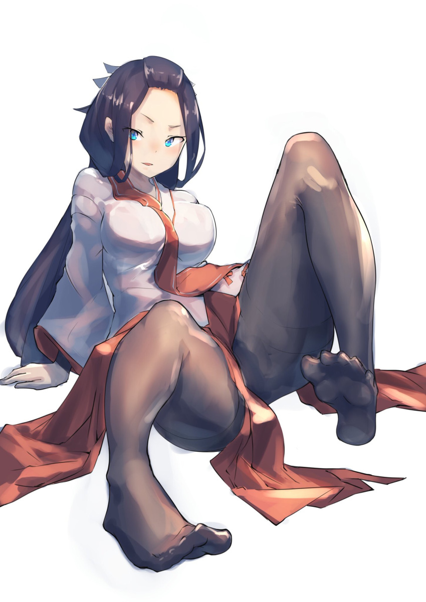 bad_id bad_pixiv_id bangs_pinned_back black_hair black_pantyhose blue_eyes blush breasts commentary_request feet female full_body highres hikage_(sennen_sensou_aigis) issenniki large_breasts long_hair looking_at_viewer no_shoes pantyhose sennen_sensou_aigis simple_background sitting solo very_long_hair white_background